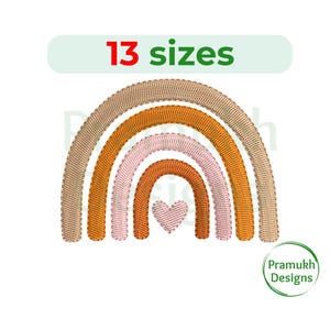 May include: Embroidered design of a rainbow with a heart in the center. The rainbow is made up of three arches in beige, orange, and pink. The design is available in 13 sizes.