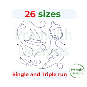 May include: A dark blue line art embroidery design featuring a witch hat, a potion bottle, a star-tipped wand, and a lightning bolt. The text 26 sizes and Single and Triple run is displayed in red and green. The Pramukh Designs logo is visible.