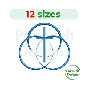 May include: Blue cross design with three intersecting circles, and the text "12 sizes" in red and green. The design also includes the text "Pramukh Designs" in a green circle.