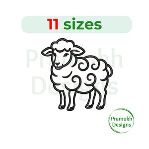 Könnte beinhalten: Eine schwarz-weiße Strichzeichnung eines Schafs. Das Schaf hat einen flauschigen Kopf und Körper mit lockigen Details. Der Text "11 Größen" befindet sich über dem Schaf. Das Bild enthält auch den Text "Pramukh Designs" in einem grünen Kreis.