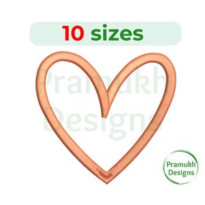 May include: A digital embroidery design of a heart shape in 10 sizes. The heart is outlined in a peach color.