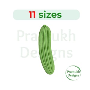 May include: An embroidery design of a green cucumber with vertical ridges. The image features the text 11 sizes at the top and the Pramukh Designs logo in the bottom right corner. The design is presented against a plain white background.