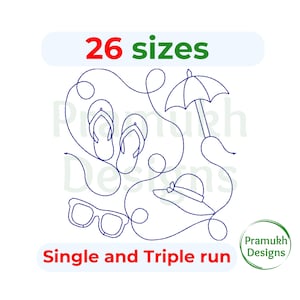 Puede incluir: Un diseño de dibujo de línea continua que presenta un par de chanclas, una sombrilla de playa, un sombrero de sol y gafas de sol. El texto 26 sizes está en la parte superior y Single and Triple run en la inferior. Logo de Pramukh Designs abajo.
