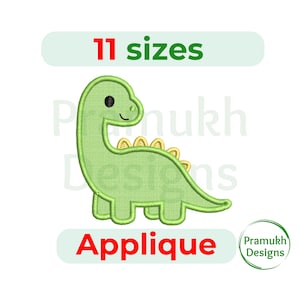 May include: A green dinosaur applique design with a friendly expression. The image includes the text "11 sizes" and "Applique". The design is from Pramukh Designs.