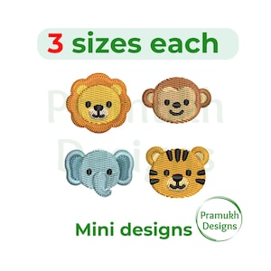 May include: Embroidered mini designs of a lion, monkey, elephant, and tiger. The text "3 sizes each" is above the designs, and "Mini designs" is below. The designs are in shades of yellow, brown, and blue.