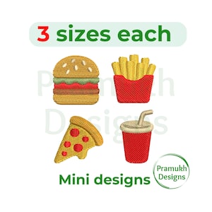 Puede incluir: Diseños bordados de comida rápida: una hamburguesa, papas fritas, una porción de pizza y una bebida. El texto "3 tamaños cada uno" está encima de las imágenes, y "Mini diseños" debajo. El logotipo de Pramukh Designs está en la esquina inferior derecha.