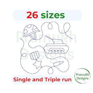 May include: A line drawing of a tank, a helmet, a star, and a bullet. The image is surrounded by a swirl design. The text "26 sizes" and "Single and Triple run" are also included in the image.