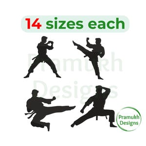 Może przedstawiać: Cztery czarne sylwetki osób w pozach karate. Tekst "14 rozmiarów każdy" znajduje się w górnej części obrazu. Tekst " Pramukh Designs" znajduje się w dolnej części obrazu.
