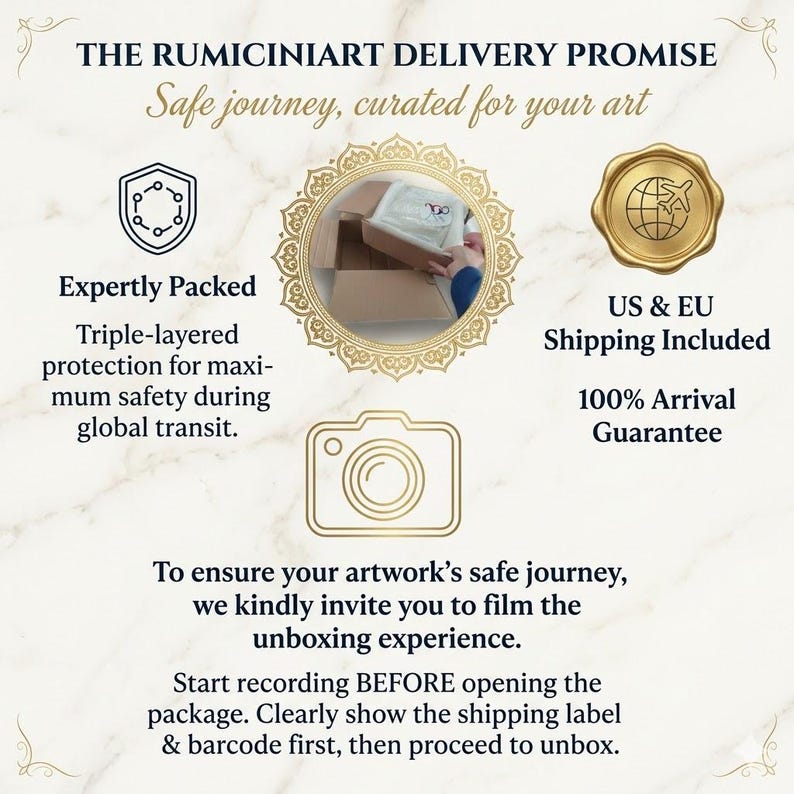 May include: A gold-toned graphic with text: "THE RUMICINIART DELIVERY PROMISE" and "Safe journey, curated for your art." Additional text includes "Expertly Packed," "US & EU Shipping Included," and "100% Arrival Guarantee." The image also features a camera icon and instructions for filming the unboxing.