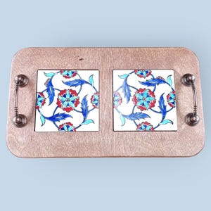 Handmade Ceramic Serving Tray – Turkish Tile Coffee Tray – Ottoman Style Wooden Tray – Gift for Home, 12.2” x 7.1