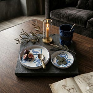 May include: A decorative arrangement featuring a lit candle in a glass and brass holder, two white and blue patterned plates, a blue patterned cup, and a small silver spoon. The plates have a blue bird design. Figs are on one plate.