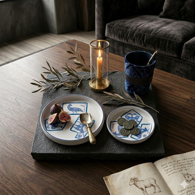 May include: A decorative arrangement featuring a lit candle in a glass and brass holder, two white and blue patterned plates, a blue patterned cup, and a small silver spoon. The plates have a blue bird design. Figs are on one plate.