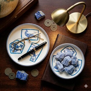 May include: A still-life arrangement featuring two small, white ceramic plates with blue decorative patterns. One plate holds a pair of round eyeglasses and a black fountain pen. The other plate contains several blue gemstones. A brass desk lamp and antique coins are also present.