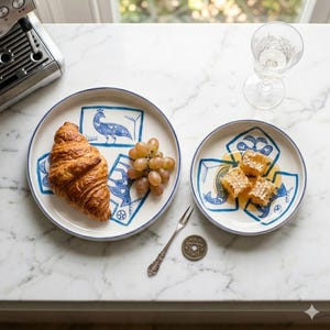 May include: Two white ceramic plates with blue peacock designs and a blue rim. One plate holds a croissant and grapes, the other holds honeycomb. A silver fork and a coin are also on the marble surface.