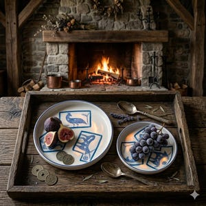 May include: A rustic wooden tray holds two white ceramic plates with blue designs, figs, grapes, and antique spoons. The plates feature a blue peacock and other illustrations. A fireplace with a burning fire is in the background.