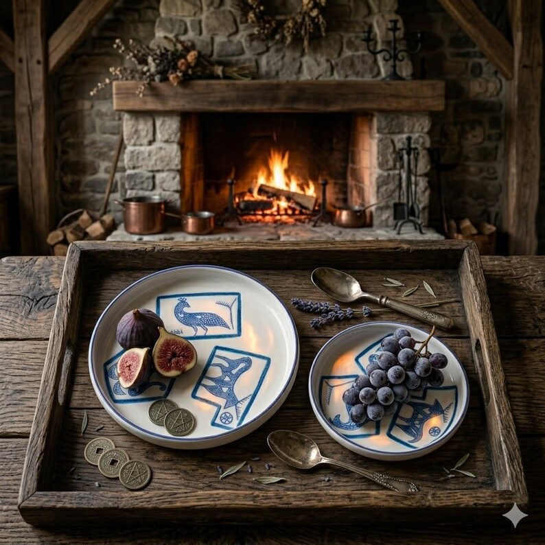 May include: A rustic wooden tray holds two white ceramic plates with blue designs, figs, grapes, and antique spoons. The plates feature a blue peacock and other illustrations. A fireplace with a burning fire is in the background.