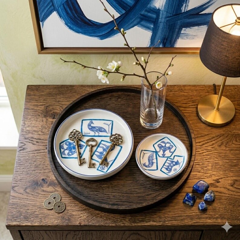 May include: A decorative wooden tray holds two small, white ceramic dishes with blue illustrations and antique keys. A clear glass vase with a flowering branch sits nearby. The scene is set on a wooden table with a painting and lamp in the background.