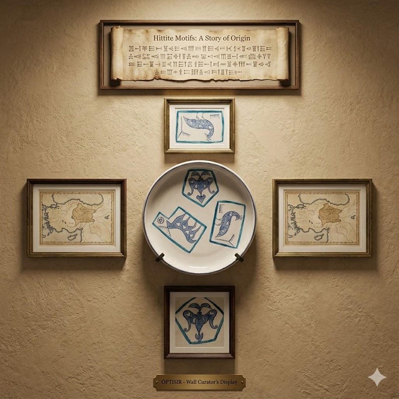 May include: A wall display featuring framed artwork and a decorative plate. The display includes a scroll with text, framed maps, and framed illustrations with blue and white designs. The plate has a similar design. The wall is a textured beige.