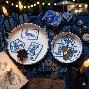 May include: Two white ceramic plates with blue illustrations, surrounded by lapis lazuli stones, coins, and lit candles. The plates feature peacock and abstract designs. A vintage book and a succulent are also present, creating a mystical aesthetic.
