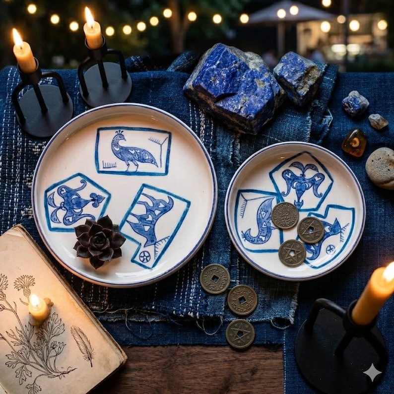 May include: Two white ceramic plates with blue illustrations, surrounded by lapis lazuli stones, coins, and lit candles. The plates feature peacock and abstract designs. A vintage book and a succulent are also present, creating a mystical aesthetic.