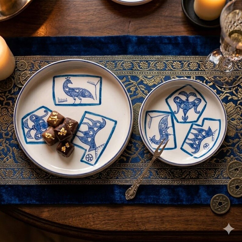 May include: Two white ceramic plates with blue illustrations and a blue rim. The larger plate has a peacock design and other abstract shapes. The smaller plate has a fork and other abstract shapes. The plates are on a blue tablecloth.
