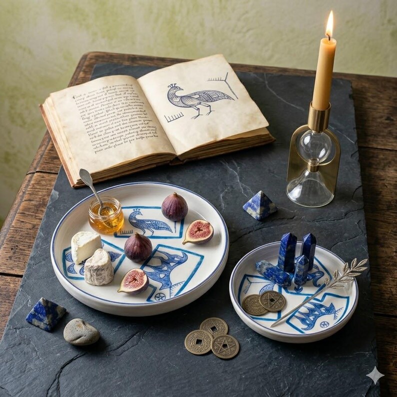 May include: A still-life arrangement featuring a book with a peacock illustration, two decorative plates with blue peacock designs, figs, cheese, honey, crystals, and a lit candle in a gold hourglass holder.