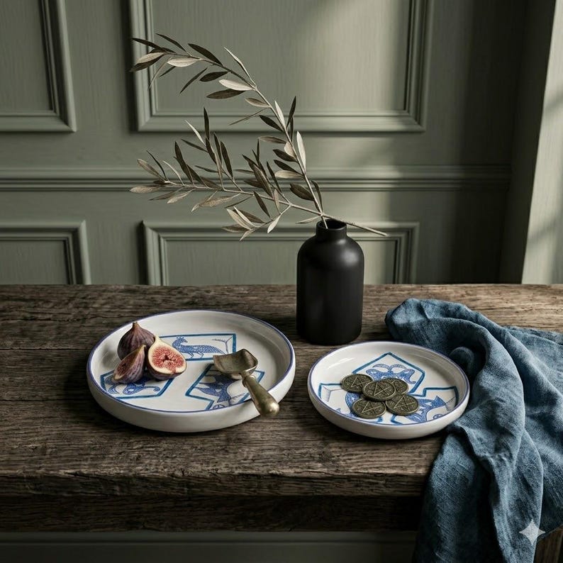 May include: Two white ceramic plates with blue geometric patterns and a blue rim sit on a wooden table. One plate holds figs and a small spoon. A black vase with olive branches and a blue cloth are also on the table.
