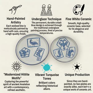 May include: Two white ceramic plates with blue hand-painted Hittite motifs. The plates feature a vibrant turquoise color scheme and are hand-painted using an underglaze technique. Each plate is a unique work of ceramic art.
