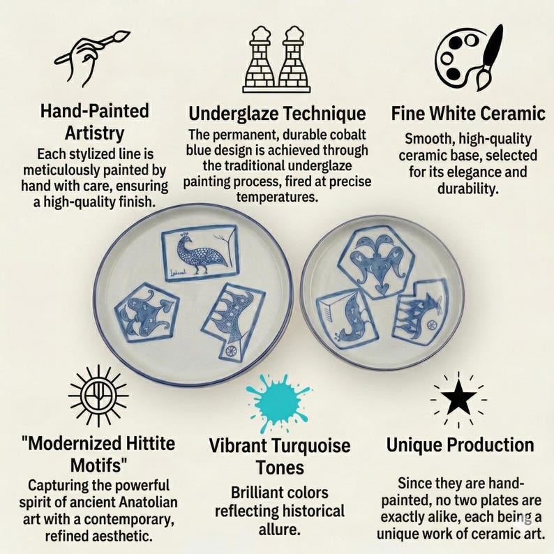 May include: Two white ceramic plates with blue hand-painted Hittite motifs. The plates feature a vibrant turquoise color scheme and are hand-painted using an underglaze technique. Each plate is a unique work of ceramic art.