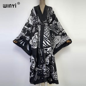 Abstract Flower floral print kimono with self Belted* Retro cardigan long Robe beach cover up Middle East full length boho maxi kaftan