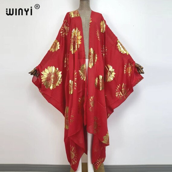 Winyi Sunflower Sheer Kimono Red and Yellow Floral Kimono Etsy