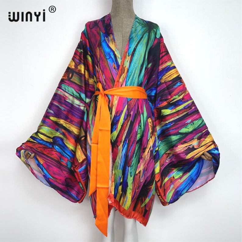 Winyi Butterfly Abstract Print Short Kimono With Belt Summer - Etsy