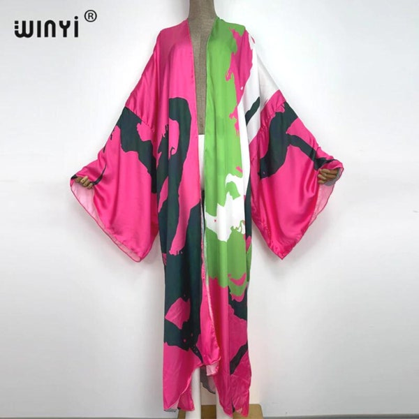 Vivo Malindi Maxi Kimono - Black / Dark Green Abstract Print