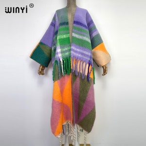 geomatric kimono with tassels for Christmas day * longue thick warm long coat * Loose cardigan robe* Free size over Coat with fringe