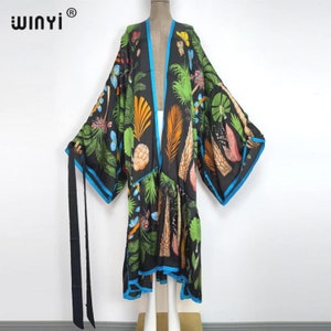 Hawaiian plants palm leaf print kimono with self Belted* Retro batwing cardigan long Robe * beach cover up * full length maxi kaftan