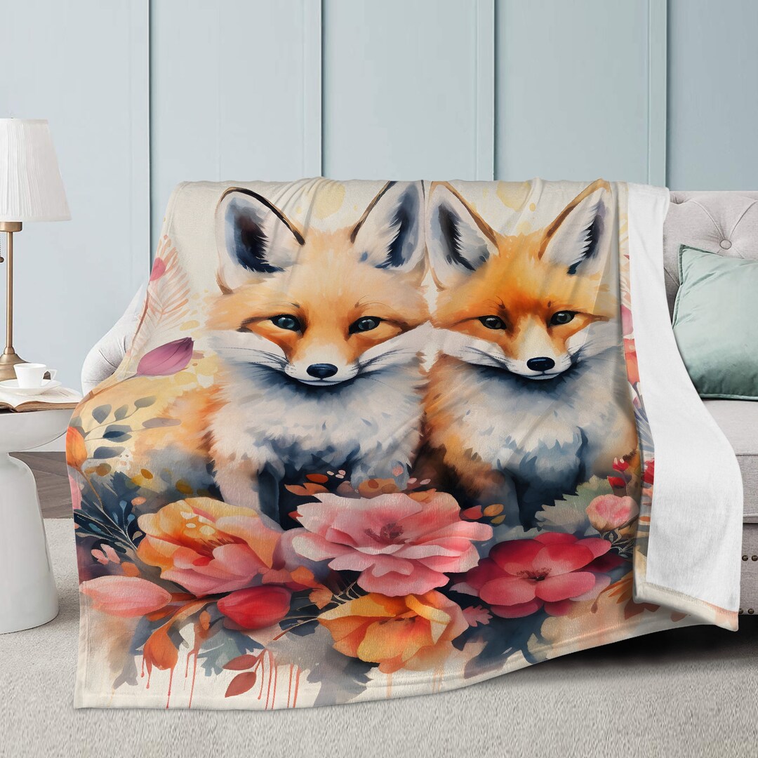 Floral Cozy Fox Blanket Fox Fleece Blanket Blanket With Fox Etsy