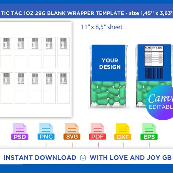 Tic Tac Template, Svg, Png, Dxf, Eps, Label, Wrapper, Canva, Cricut, Silhouette, Cut File, Sublimation, Printable, Digital, Gift, Diy