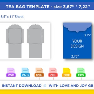 May include: A printable tea bag template with a blue design area. The template is 8.5 inches by 11 inches and the tea bag is 3.67 inches by 7.22 inches. The template is available in PSD, PNG, SVG, PDF, DXF, and EPS formats.