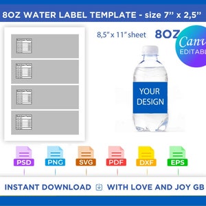 Mini Water Bottle Template, Svg, Png, Dxf, Eps, Label, Wrapper, Canva, Cricut, Silhouette, Sublimation, Cut File, Printable, Digital, Gift