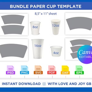 Bundle Paper Cup Template, Svg, Png, Dxf, Eps, Label, Wrapper, Canva, Cricut, Silhouette, Cut File, Sublimation, Printable, Digital, Gift
