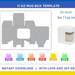 Mug Box with Window Template, Png, Svg, Dxf, Eps, Label, Wrapper, Canva, Cricut, Silhouette, Cut File, Sublimation, Printable, Digital, Gift