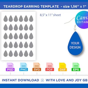 Teardrop Earring Template, Svg, Png, Dxf, Eps, Pdf, Label, Wrapper, Canva, Cricut, Silhouette, Cut File, Sublimation, Printable, Diy, Gift