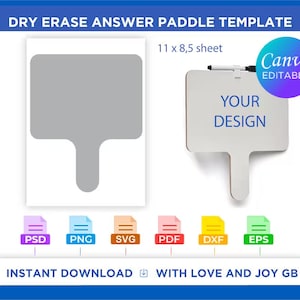 May include: A printable template for a dry erase answer paddle. The template is designed to be printed on an 11 x 8.5 inch sheet of paper. The paddle has a blank space for writing or drawing, and a handle for holding. The template is available in several file formats, including PSD, PNG, SVG, PDF, DXF, and EPS. The text "YOUR DESIGN" is written on the paddle.
