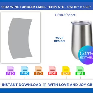 16 oz Wine Tumbler Template, Svg, Png, Dxf, Eps, Label, Wrapper, Canva, Cricut, Silhouette, Cut File, Sublimation, Printable, Digital, Gift