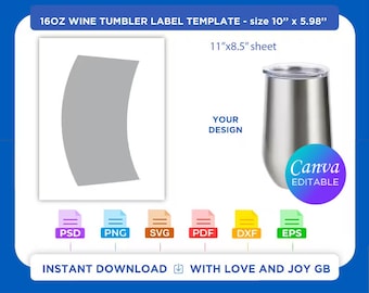 16 oz Wine Tumbler Template, Svg, Png, Dxf, Eps, Label, Wrapper, Canva, Cricut, Silhouette, Cut File, Sublimation, Printable, Digital, Gift