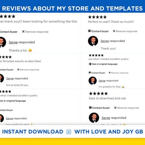 May include: Screenshots of customer reviews for an Etsy shop. The reviews are all positive and praise the shop's products and service. The reviews include text such as "Great thank you!!!", "Perfect to use!!!", "Great Template exactly as described.", "just what I needed excellent quality", "Easy to download and use", and "I'm grateful for that."