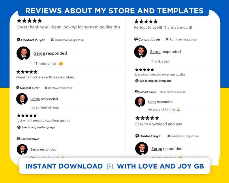 May include: Screenshots of customer reviews for an Etsy shop. The reviews are all positive and praise the shop's products and service. The reviews include text such as "Great thank you!!!", "Perfect to use!!!", "Great Template exactly as described.", "just what I needed excellent quality", "Easy to download and use", and "I'm grateful for that."