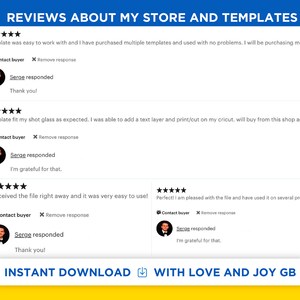 May include: Five-star reviews for a shop selling digital templates. The reviews highlight the ease of use, quality, and customer service. The shop name is "With Love and Joy GB".