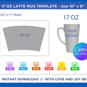Mug Latte 12oz Template, Handle Cutouts, 12 Oz Mug Latte Template for  Sublimation Full Wrap, Mug Latte 12 Oz Svg, Cricut and Silhouette, Dxf 