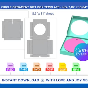 Plantilla de caja con adorno circular, Png, Svg, Psd, Pdf, Dxf, Eps, Ai, Diy, Regalo, Etiqueta, Envoltorio, Canva, Cricut, Silhouette, Archivo de corte, Sublimación